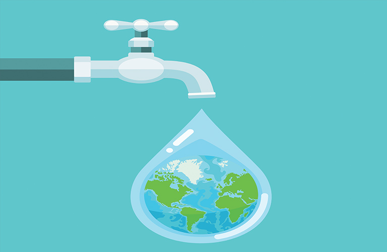 Water Conservation: Spigot and Water Drop Illustration